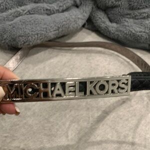 Michael Kors Black Leather Belt with Silver Logo Plaque